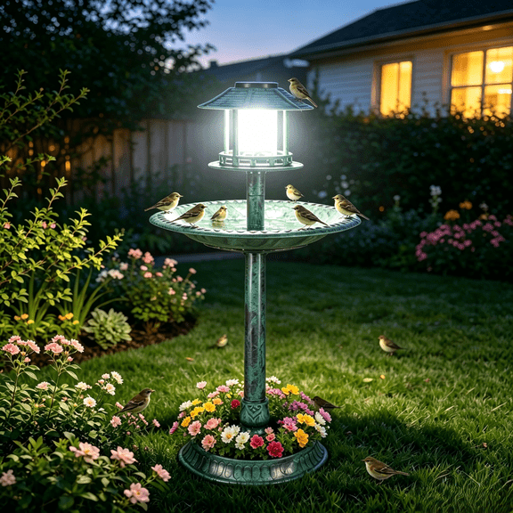 Zimtown 42 Inch Bird Bath with Solar Light Antique Copper Weather Resistant Birdbaths Dark Green