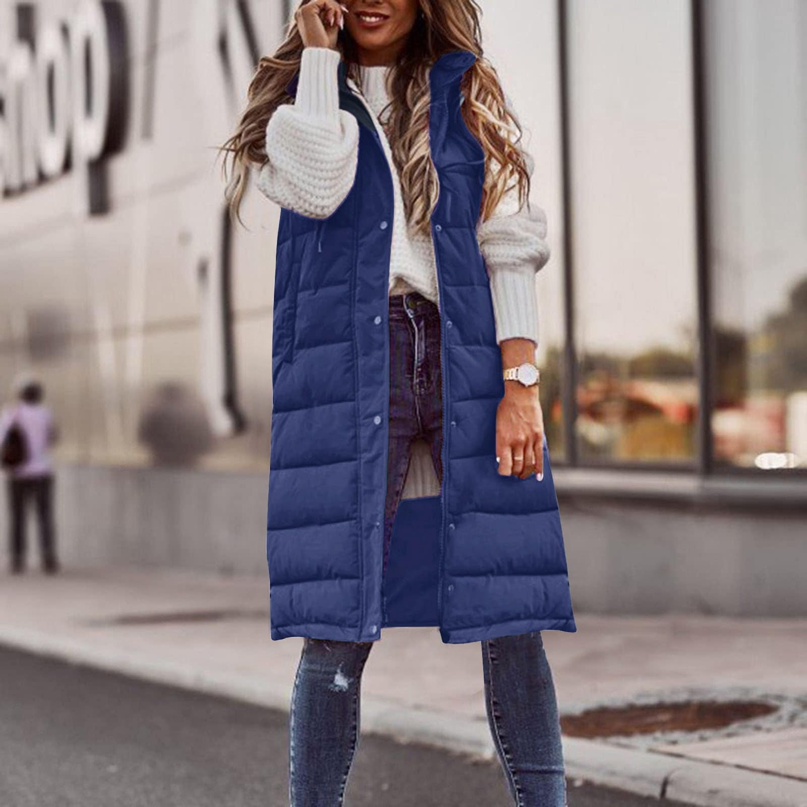 Womens Puffer Vest Sleeveless Hooded Long Quilted Vests Zip Up Lightweight Puffy Winter Jackets Gilet with Pockets