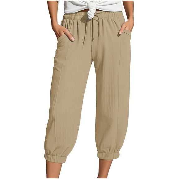Fnooota Womens Relaxed Fit Capris, Drawstring Trendy Elastic Waist Casual Capri Pants Khaki Size S-2XL