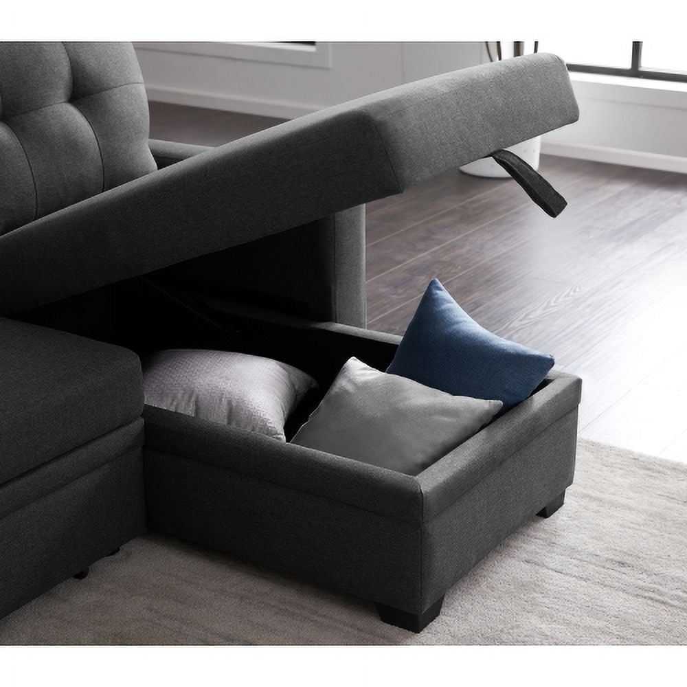 BSHTI Dark Gray Linen Sectional Pull Out Sleeper Sofa Bed with Storage Chaise for Living Room, L-Shaped Couch with Ottoman, 3-Seat Sleeper Sofa Modern Style Wood Frame Sofa Couch