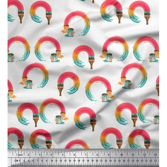 Soimoi White Cotton Voile Fabric Paint Brush Abstract Print Fabric by Yard 42 Inch Wide