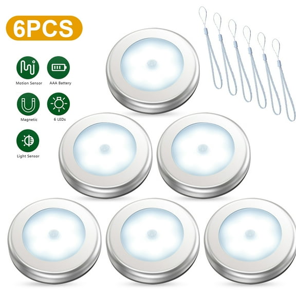Upgraded Motion Sensor LED Night Light,with Hanging rope Battery-Powered Wall Light, Stick-on Magnet Closet Lights, Safe Lights for Stairs, Hallway, Bathroom, Kitchen, Cabinet (Pack of 6, White)