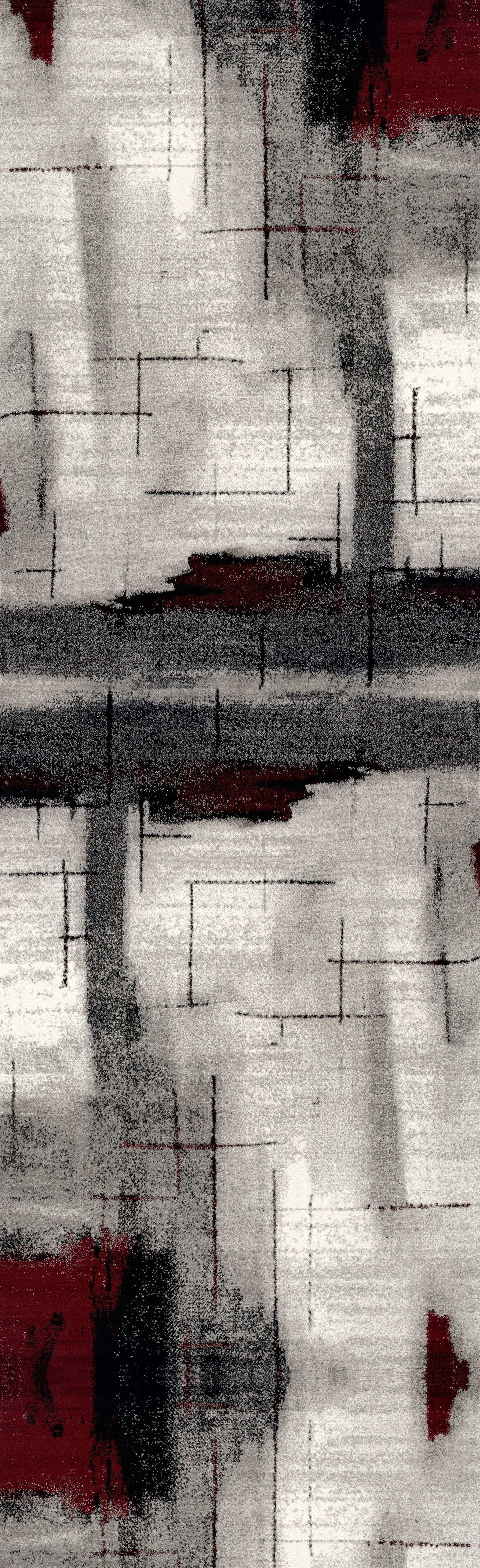 Rug Branch Montage 2' x 12' (Exact Size: 2'3" x 12') Abstract Indoor Runner Rug, Grey Red, Modern - Entryway, Hallway, Bathroom, and Kitchen