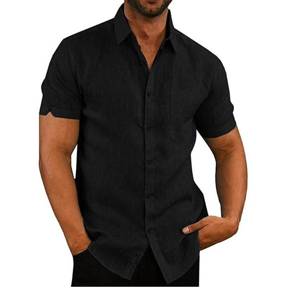 Men's Short Sleeve Shirt Casual Button Down Cotton Linen Loose Beach Wedding Shirt
