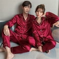 thumbnail image 5 of TAIAOJING Women Men Button Down Long Sleeve Pajamas Set Casual Pyjamas Long Sleeve Blouse Button Silk Satin Two Piece Sleepwear Suit Pant Pyjama, 5 of 8