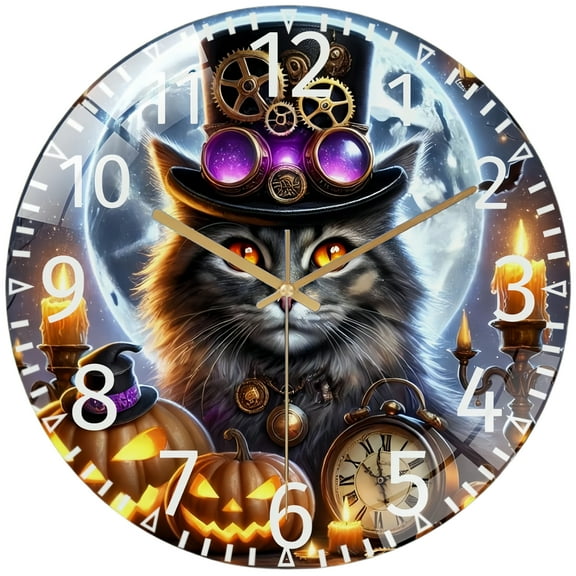 Decorative Clocks: Steampunk Halloween- Cat   Glass Wall Clock, Full Moon Witchy Cat Decor Wall Clock  for Homes, Bars, Offices, Man Caves, Garages, And Living Rooms .Also Makes A Great Gift.