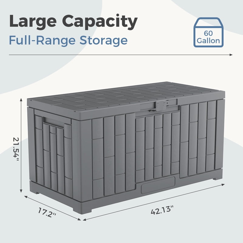 Gianna 60 Gallon Deck Box, Lockable Resin Outdoor Storage Box with Hundles, UV Resistant Waterproof Storage Bin for Patio Cushions Gardening Tools, Gray
