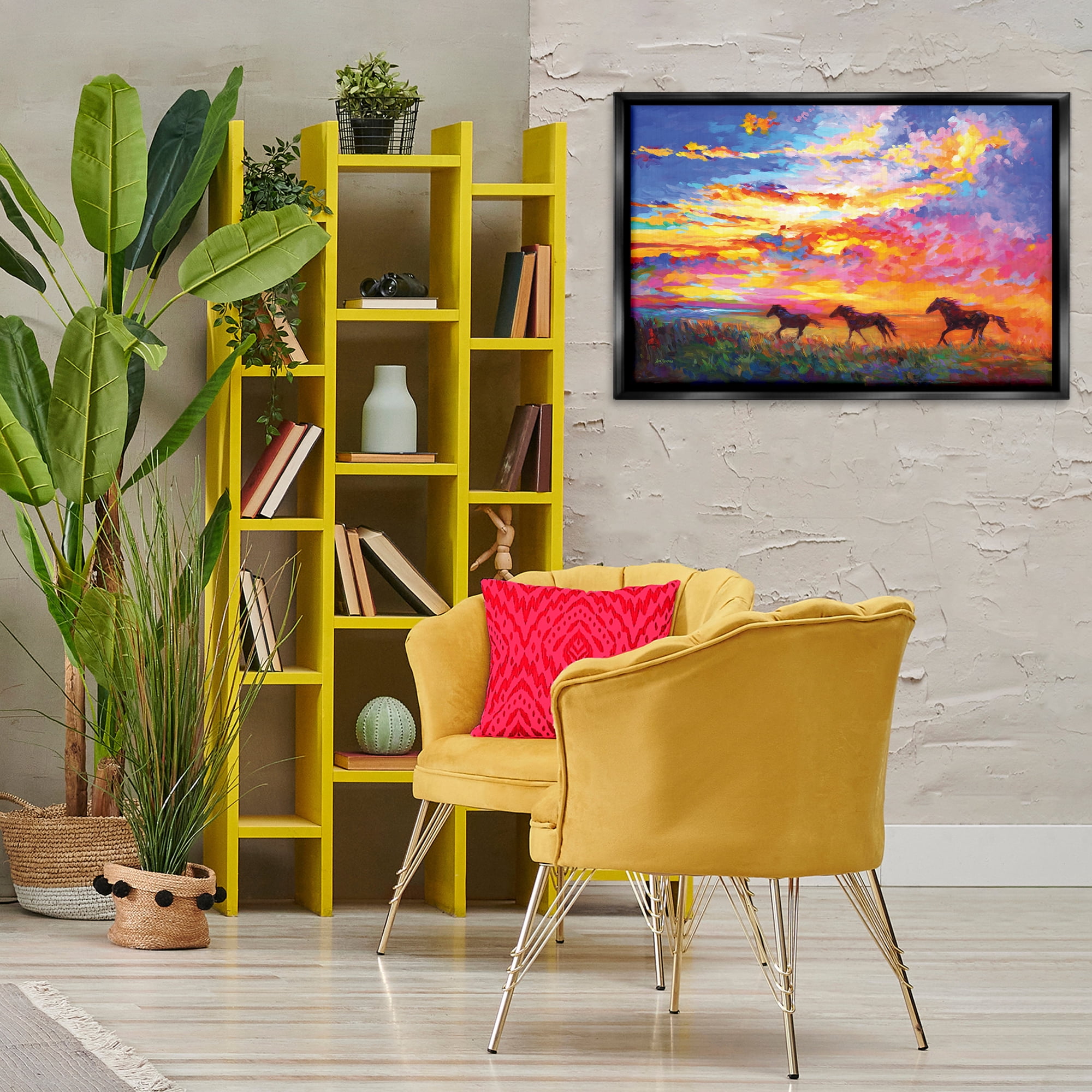 Stupell Industries Wild Horses at Sunset Landscape & Nature Painting Black Floater Framed Canvas Art Print Wall Art, 31 x 21