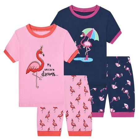 

Benaive Pajamas for Girls Pjs for Girl Cotton Summer Pajama 4-Piece Children Shorts Set (Flamingo Dark Blue & Pink 7)