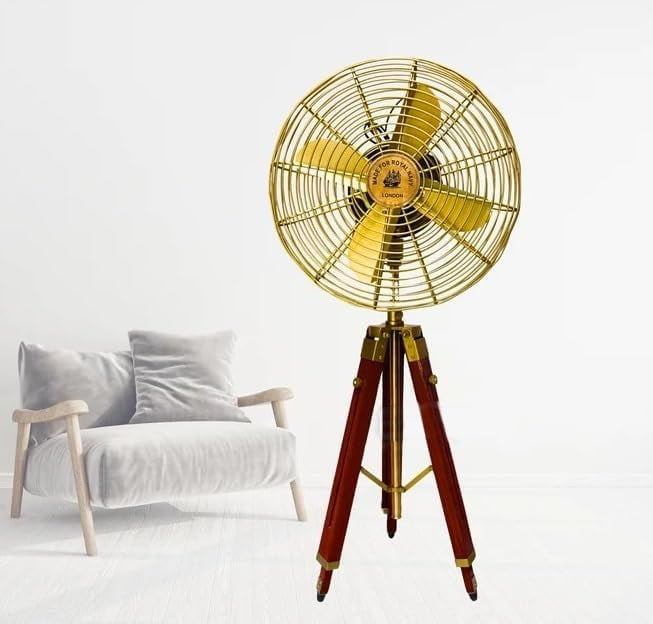 Padestal Fan Electric Corded Handmade Brass Antique Vintage Style Pedestal Fan with Wooden Adjustable Tripod Stand Retro Design, Unique Collectible, Functional Home Decor Vintage Reproduction