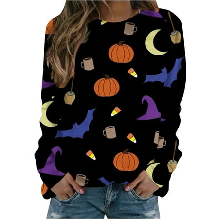 

Ziloco Women s Spring And Autumn Round Neck Halloween Print Fashion Thin Loose Long Sleeve Sweater underscrub long sleeve women see through tops for women Brown XL