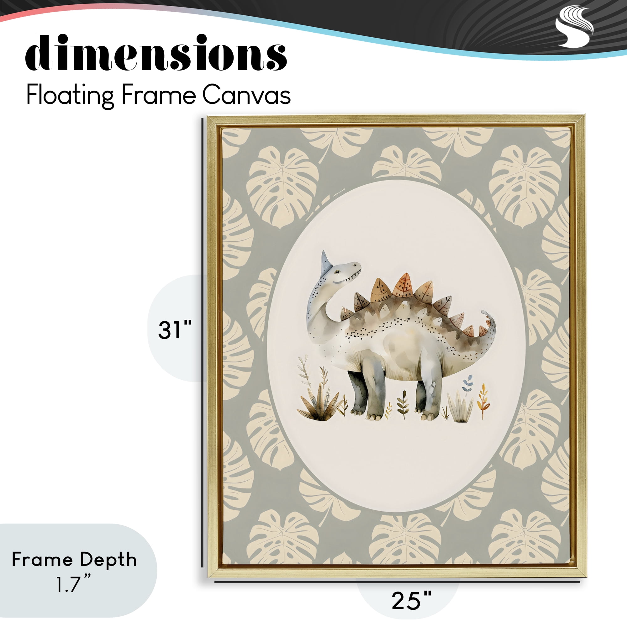 Stupell Industries Watercolor Dinosaur Monstera Border Gold Framed Floater Canvas Wall Art, design by LSR Design Studio