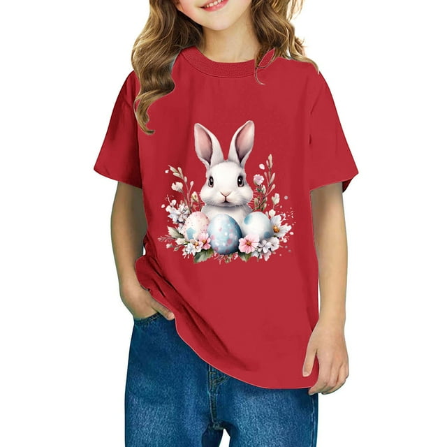 Virmaxy Boys Girls Easter Party Cotton Tee Rabbit & Egg Hunt Design Round Neck T-shirt for 3-10Yrs Summer Camp Sunday Brunch Red-3 7 Years