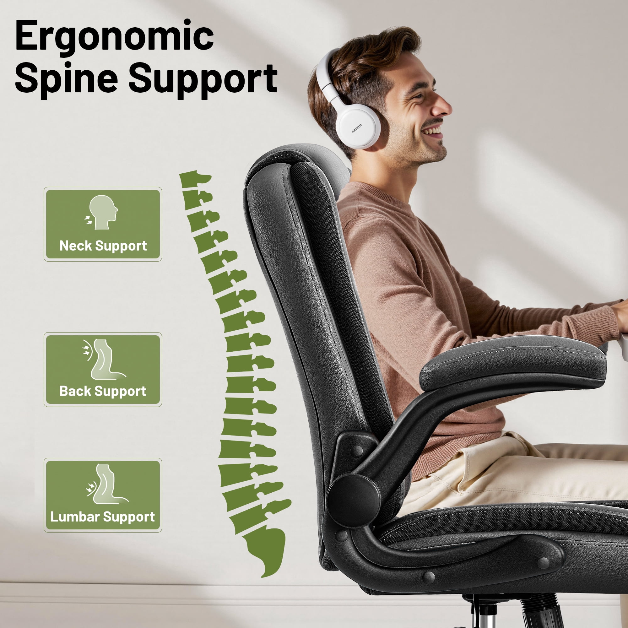 ATHOPE Leather Office Chair, 400lbs Ergonomic Desk Chairs with Back Support, Computer Chair with Wheels and Adjustable Armrest for Home Office, 360°Swivel Free, Black