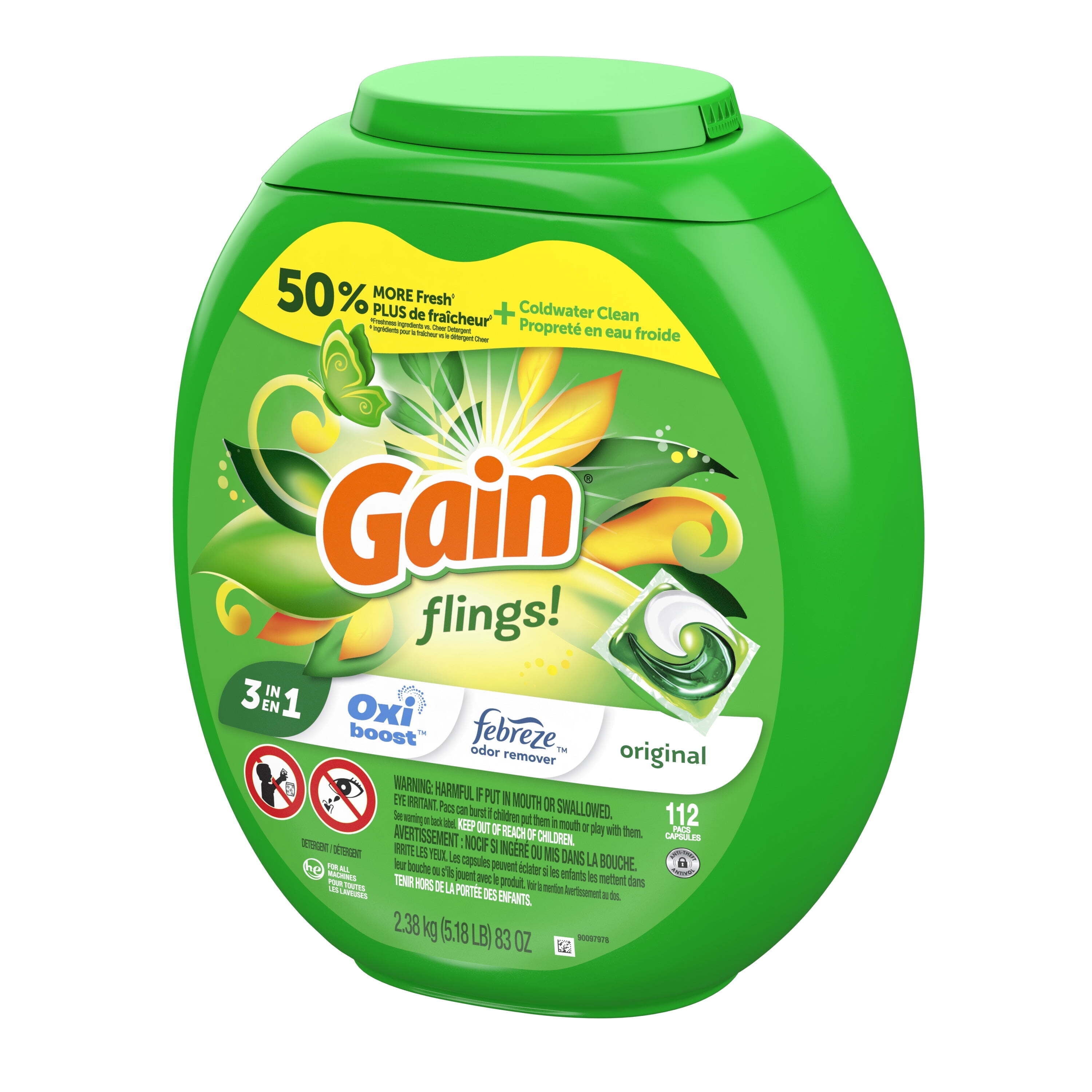 Gain Flings 3-in-1 Oxi Boost and Febreze Laundry Detergent Pacs, Original Scent, 112 Count