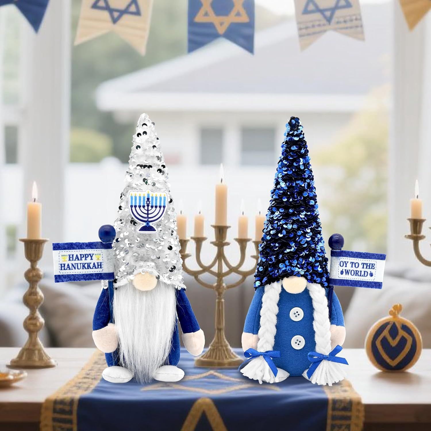 Hanukkah Gnomes Decorations for Home Indoor, Hanukkah Menorah Plush Decor, Jewish, Chanukah Ornaments Jewish Decorations for Party, Table and Tiered Tray Decor