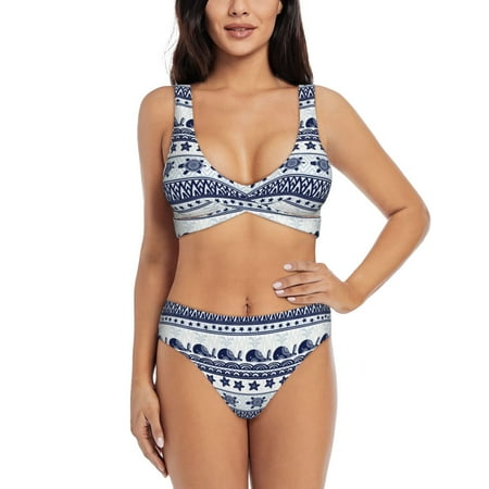 Zeuib Sea Underwater Animals1 High Waisted Tummy Control Bikini Set - Knot Front Push Up Top & Cheeky Thong Bottom  Two-Piece Swimsuit for Women-Medium