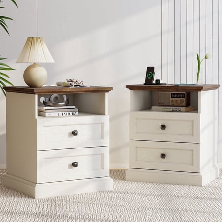 FIAKOA Night Stand Set of 2 with Charging Station, Bedside Table with 2 Drawers Storage and Open Shelf, White Farmhouse Nightstands for Bedroom Office