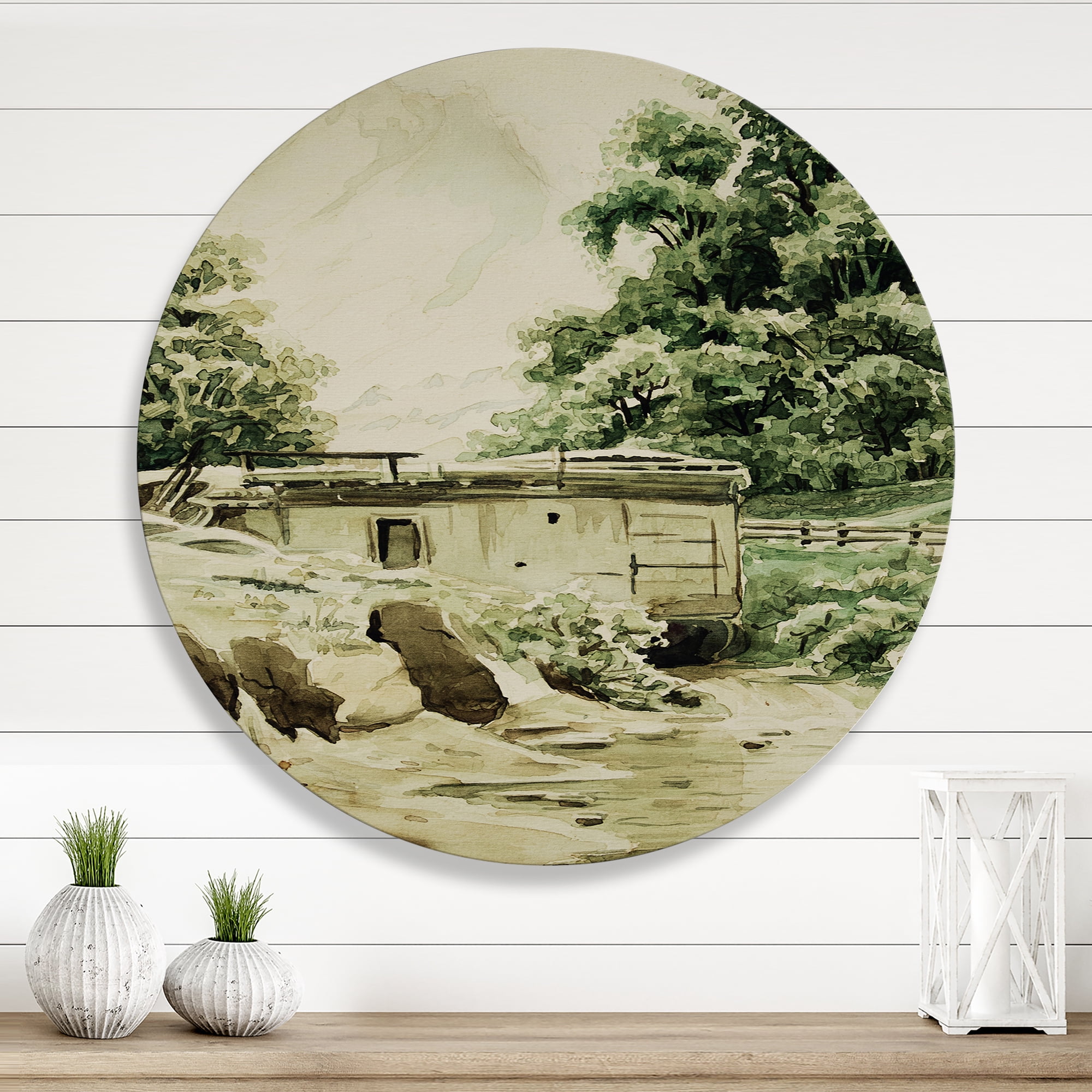 Designart 'Cabin In The Green Mountains' Cabin & Lodge Circle Metal Wall Art 11x11 - Disc of 11