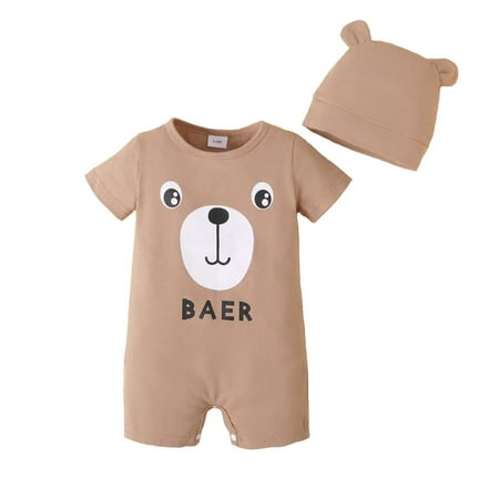 

KIMI BEAR Newborn Baby Boys Outfits 0 Months Newborn Boy Spring Summer Outfits 3 Months Newborn Boy Little Bear Prints Short Sleeve Onesie Jumpsuit Bodysuit + Hat 2PCS Set Brown