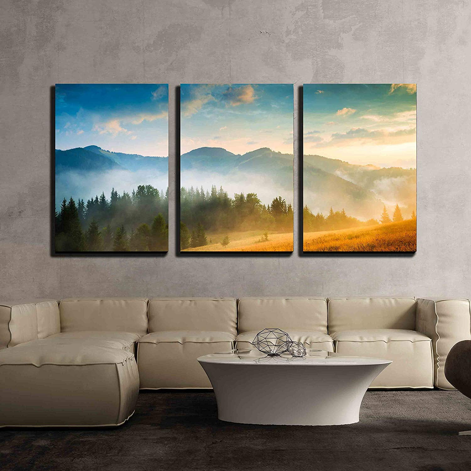wall26 - 3 Piece Canvas Wall Art - Amazing Mountain Landscape with Fog