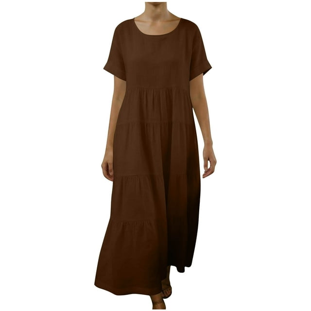 FRSASU Robe en Coton et Lin pour Femme à Manches Courtes, Col Rond, Robe Maxi Bohème, Décontractée, Été, Modeste, Longue et Fluide, Plage, Vacances, Marron, TTG (TTG)