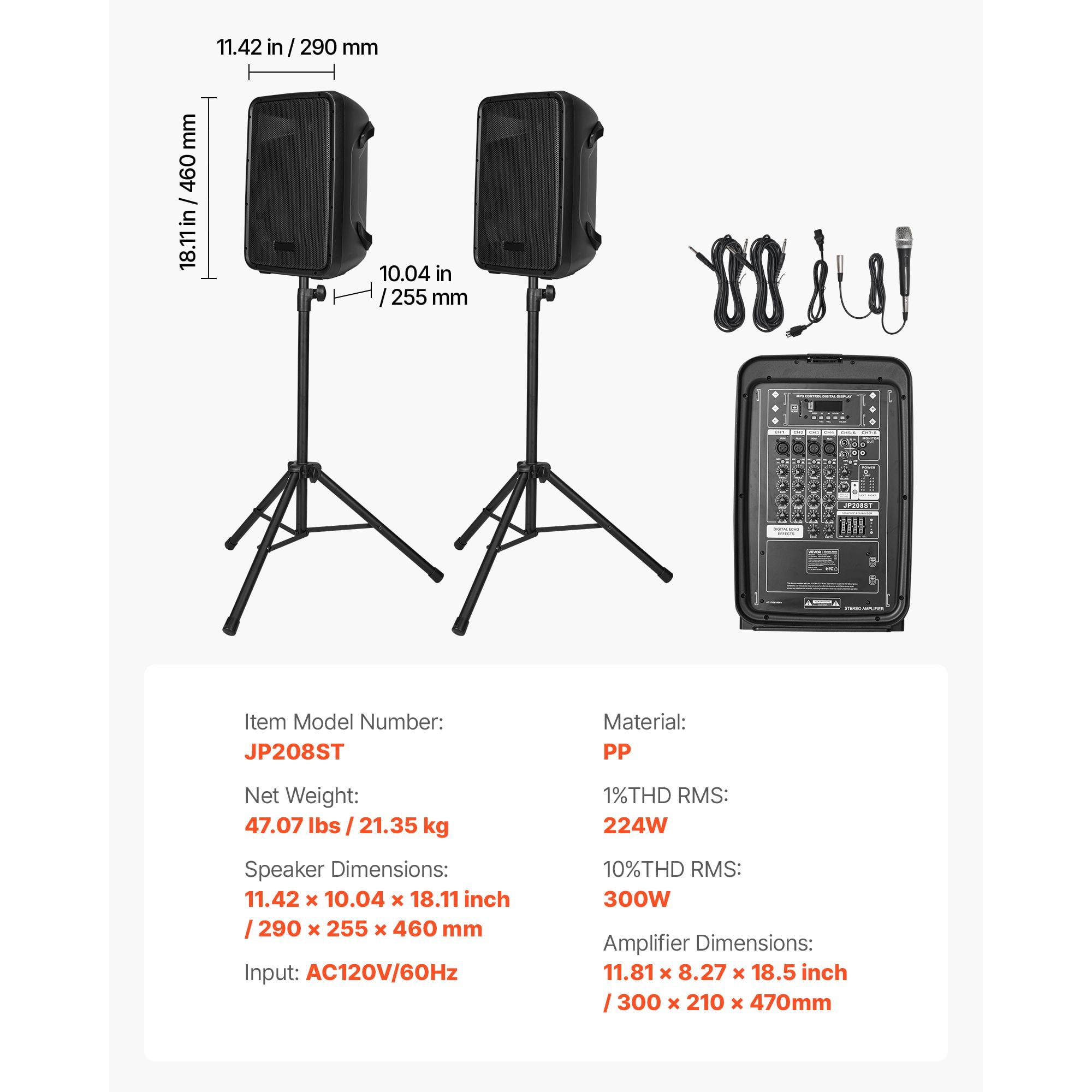Portable PA System, 300W Powered, Sound System Set with 8 Channel Mixer, Dual Speakers, Wireless Bluetooth, Microphone, Compact Stands, USB SD XLR RCA Inputs, Remote Control, for DJs Events