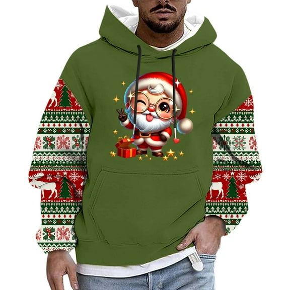 Mens Ugly Christmas Hoodies Plus Size Santa Claus Long Sleeve Sweatshirt Vacation Xmas Drawstring Pullover