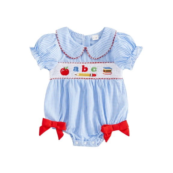 BemeyourBBs Newborn Baby Girl Back to School Outfit Pre Kindergarten Outfit Plaid Bubble Romper Cute Infant Baby Girl Summer Clothes Letter Book Apple Pencil Embroidery Doll Collar Bodysuit Jumpsuit