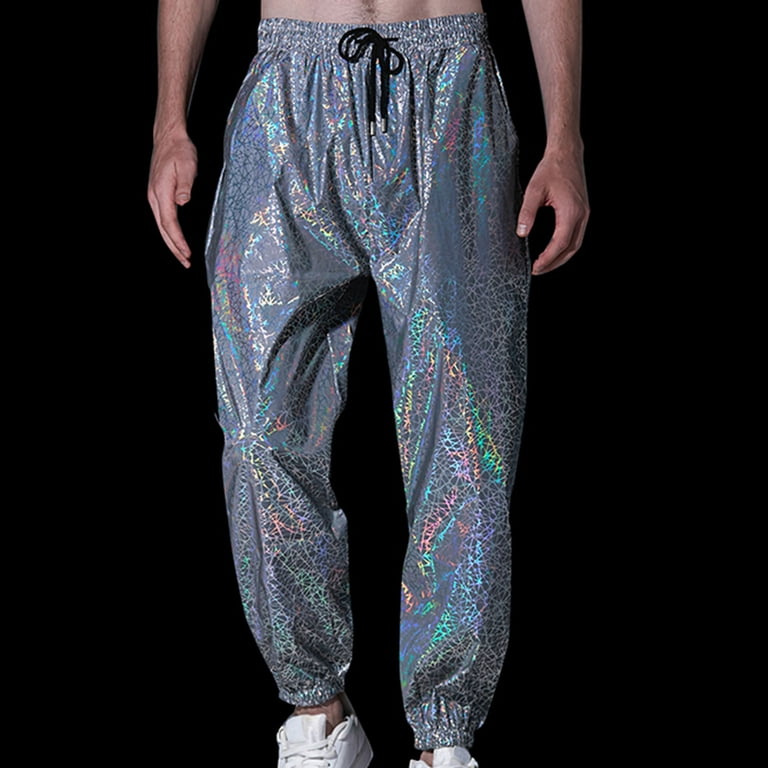 XFLWAM Reflective Pants Men Hip Hop Dance Fluorescent Trousers Casual  Harajuku Night Sporting Jogger Pants Gray White L 