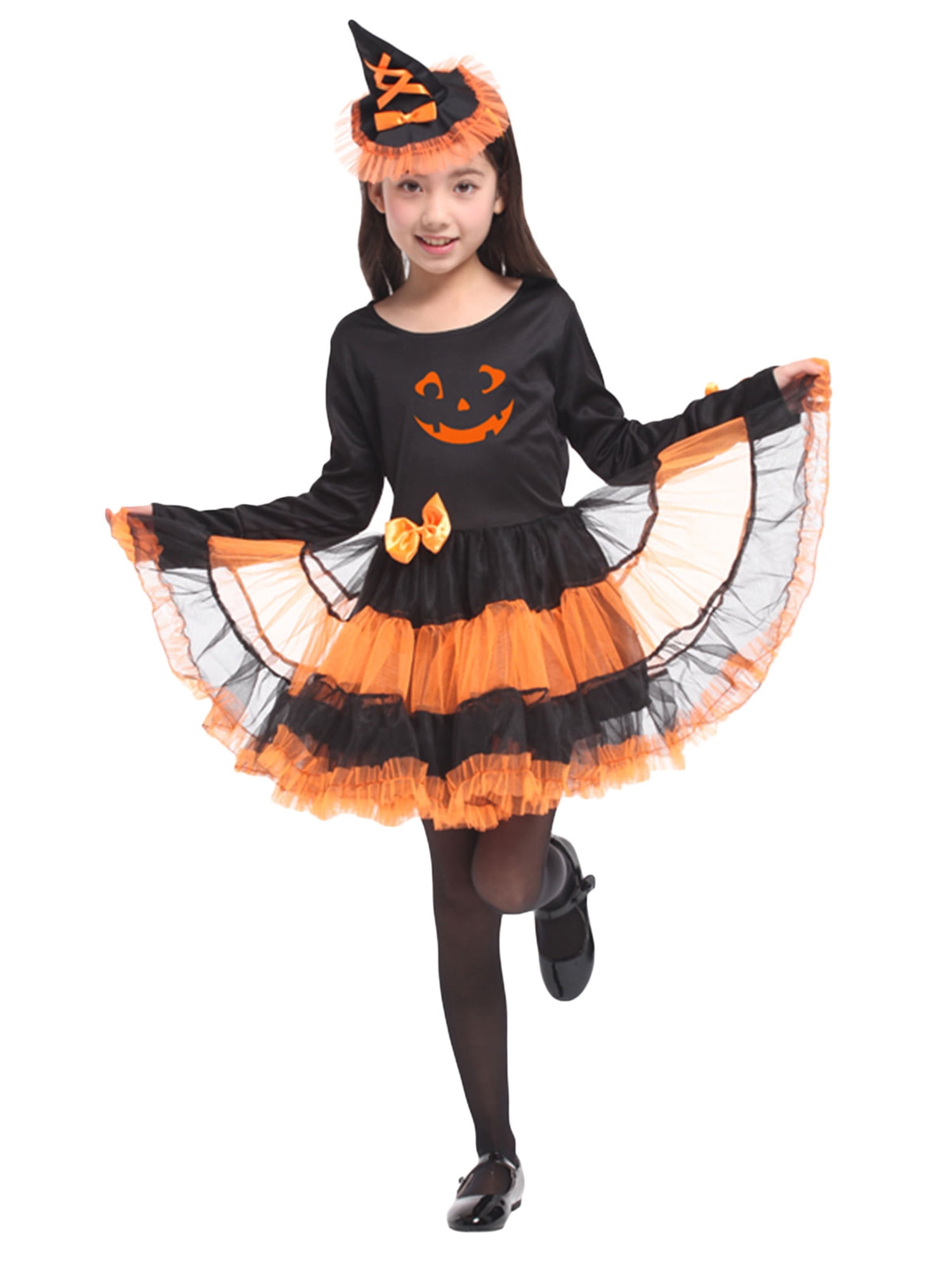 Little Girls Witch Halloween Costume Witch Tulle Dress with Hat Kids