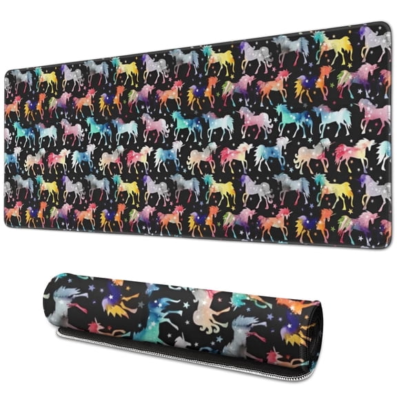 Long Mouse Pads for Desk,Black Colorful Horse Pattern Desk Mats on Top Of Desks, Desk Mouse Pad Extra Large with 3mm Non-Slip Base and Stitched Edge for Gaming,Office,Work,Home 31.5"x11.8"