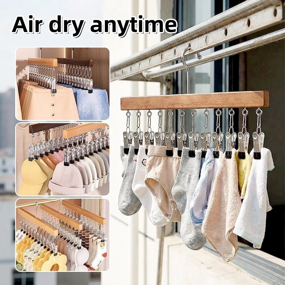2026 New Pure Wood Rotating Closet Organizer with 12 Clips - Vertical Space Saver & Wrinkle-Free Storage Solution, Multi-Layer Solid Wood Rotating Hanger, for Jeans Leggings Skirts Hats (5, Nature)