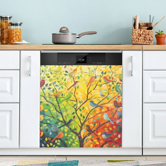 Birds on Branches with Colorful Leaves Dishwasher Magnet Cover Magnetic Fridge Door Cover Home Kitchen Decor 23"x 26"