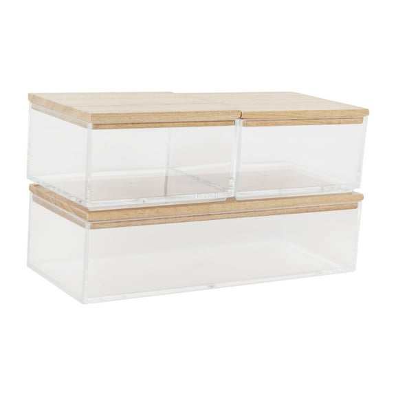 Martha Stewart Brody Clear Plastic Storage Organizer Bins with Light Natural Paulownia Wood Lids for Home Office, Kitchen, or Bathroom, SM-x2/MED-x1