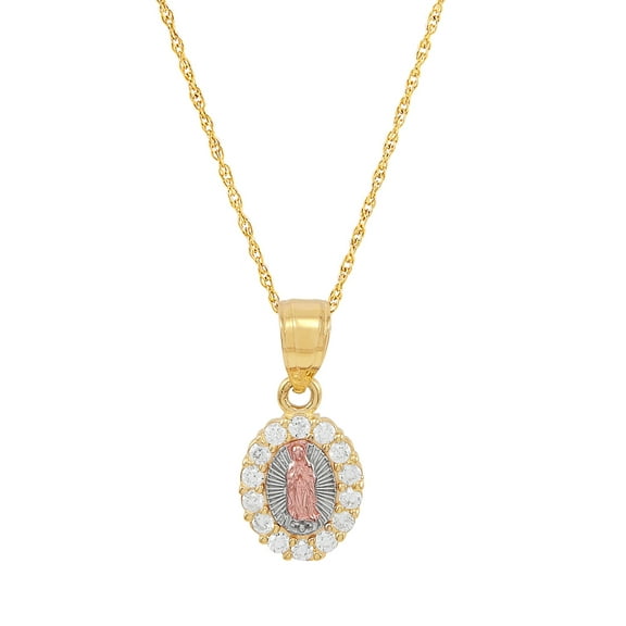 Brilliance Fine Jewelry Childrens 10K Yellow and Rose Gold with Rhodium Oval Guadalupe Pendant with Cubic Zirconia on 14" Gold Filled Chain