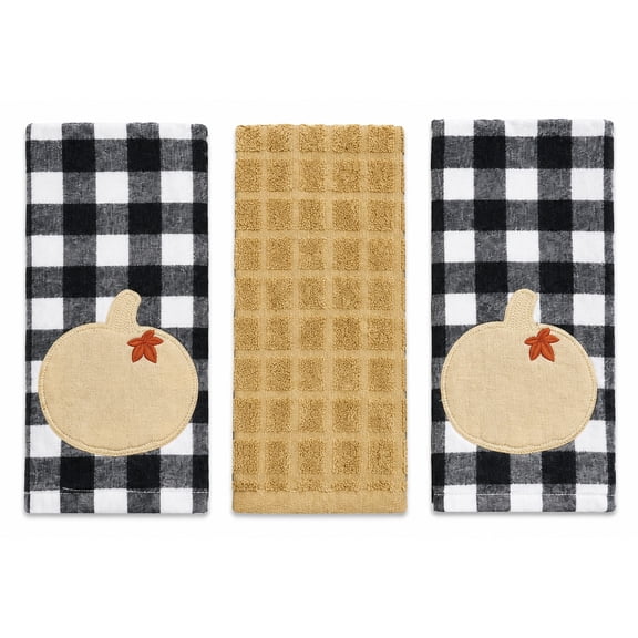 Serafina Home Farmhouse Fall Decor Kitchen Dish Towels Set: Two (2) Grey and White Check Pattern with Tan Pumpkin Applique