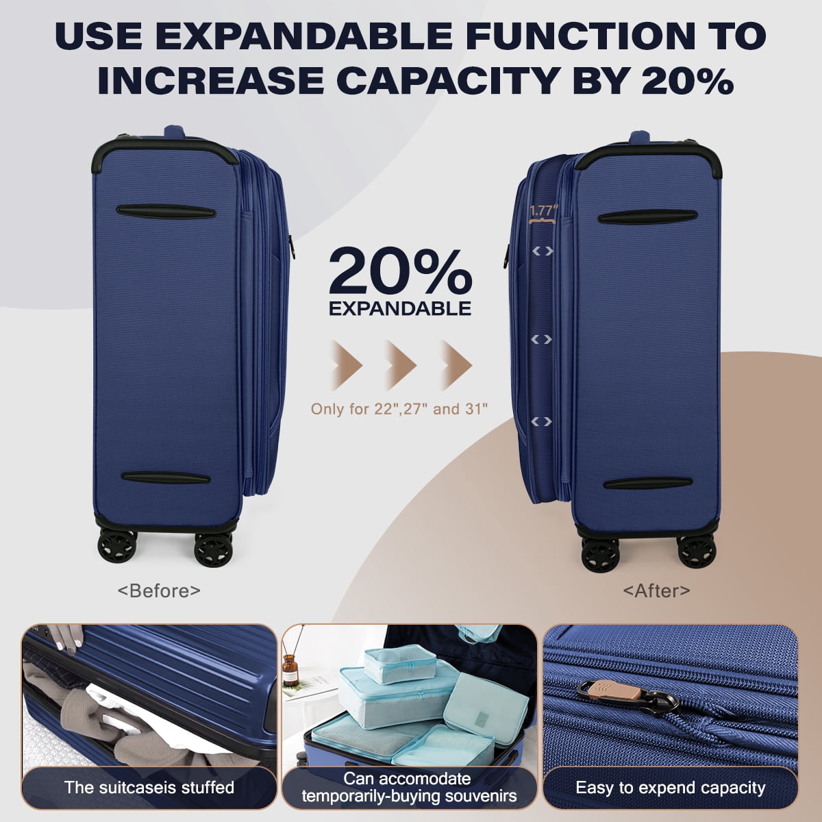 3 Piece Softside Luggage Set, Expandable Soft Shell Spinner Luggage with Front Opening, Lightweight Durable Suitcase TSA Lock Approved, 20"/26"/28", Navy(XJ1097)