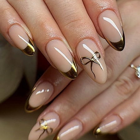 Cross-border hot-selling French Phnom Penh Wear Nail Short Almond Nail Premium Golden Bow Nail Art Wholesale