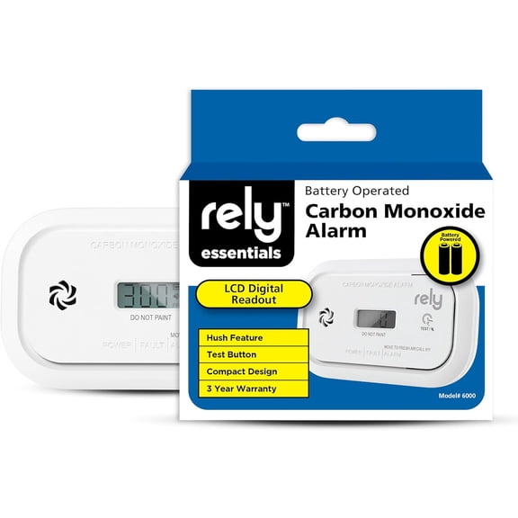 Rely Essentials 6000 Carbon Monoxide Detector with Digital Display, Battery Operated CO Alarm, Wall Mount or Tabletop, 1-Pack