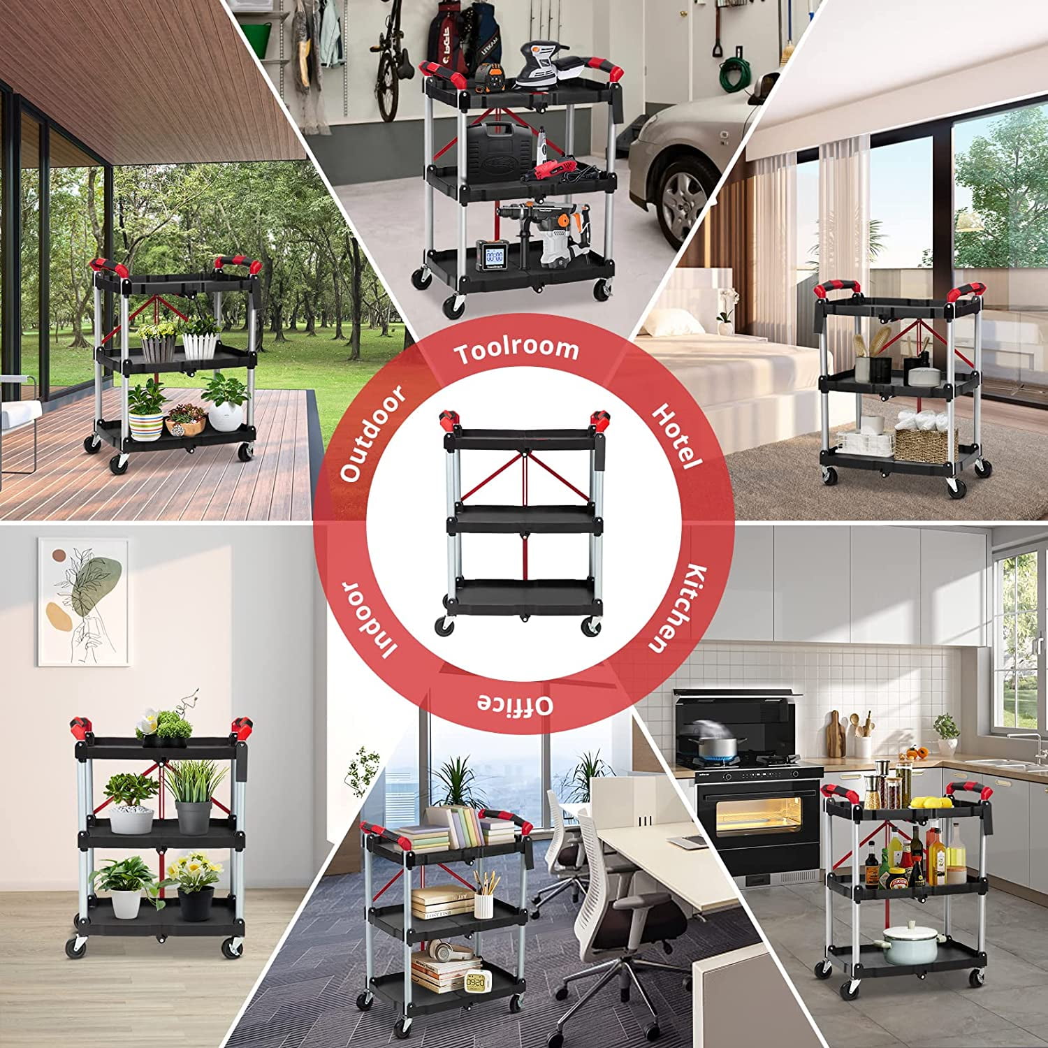 Collapsible 3-Tier Rolling Utility Cart Lockable Wheels Collapsible, Heavy-Duty Service Cart 56 lbs Per Shelf, Ideal for Home, Office, Garage, Warehouse