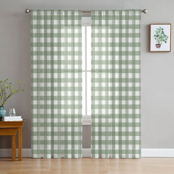 Sheer Curtains 108 Inches Long, Farmhouse Green White Checkered Light Filtering Window Curtains for Living Room, Sage Green Buffalo Plaid Rod Pocket Voile Sheer Curtain Drapes, 52"W x 108"L, 2 Panels