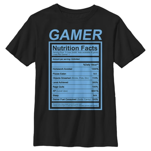 Boy's Lost Gods Gamer Nutrition Facts Label  Graphic Tee Black X Large