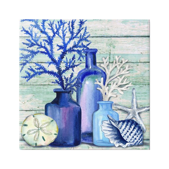 Stupell Industries Blue Nautical Vases Nature Painting Gallery Wrapped Canvas Art Print Wall Art, 17 x 17