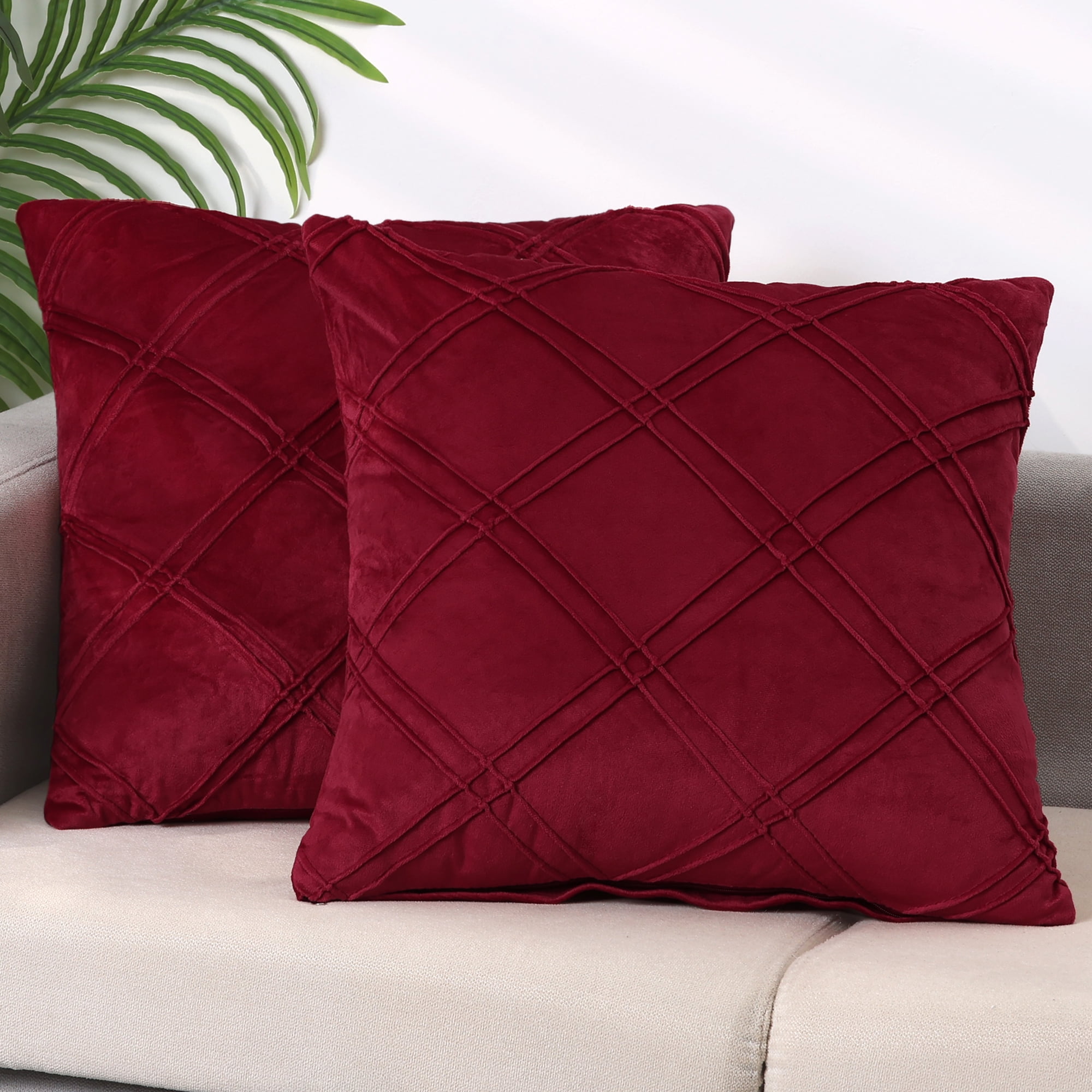 Unique Bargains 2 Diamond Pinch Pleated Solid Decorative Textured Throw Pillow Covers Red 18" x 18"