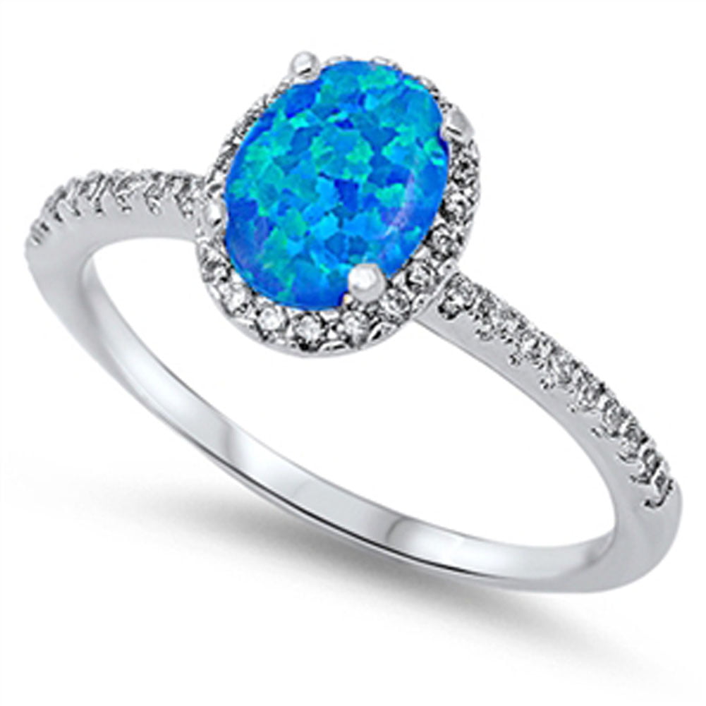 Oval Blue Opal Halo Cubic Zirconia .925 Sterling Silver Ring Sizes 4-11