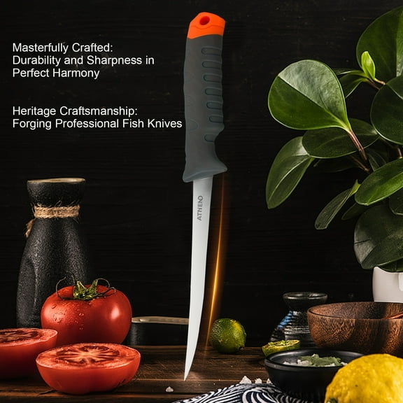 3-Piece Fish Knife Set – Stainless Steel Fillet & Boning Knives with Sharpener – Perfect for Fishing and Slicing – Gift for Loved Ones (Gray & Orange)