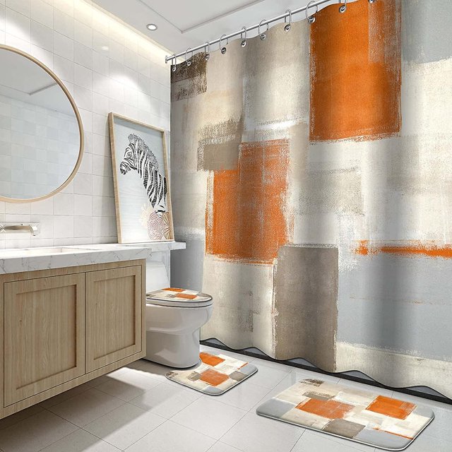 Juegos de cortinas de ducha de baño de 4 piezas con alfombras, juegos de baño de arte de pintura naranja y blanca moderna con cortina de ducha y alfombras y accesorios ACTIVE Biensenido a ACTIVE