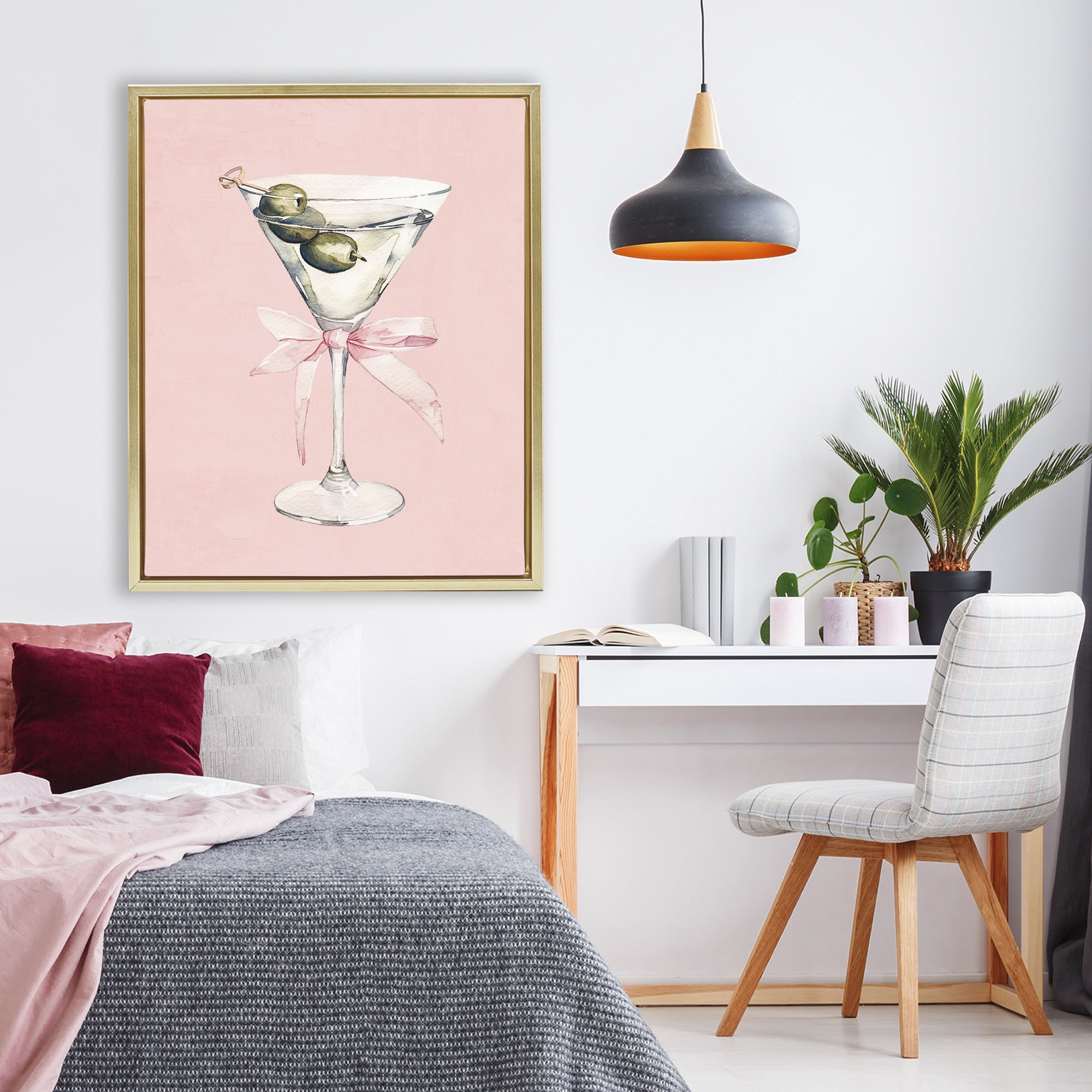 Stupell Industries Martini with Pink Bow Gold Framed Floater Canvas Wall Art, design by Kim Allen