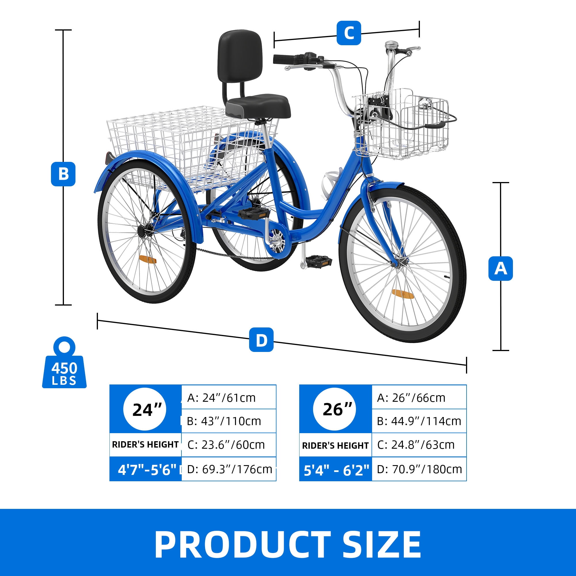 Uforic Sturdy Tricycle Three Wheel Bike Outdoor Adult Blue (One Piece)